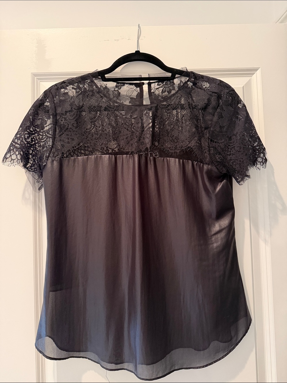 Atina Christina Womens Lace Yoke Short Sleeve Blouse - Black